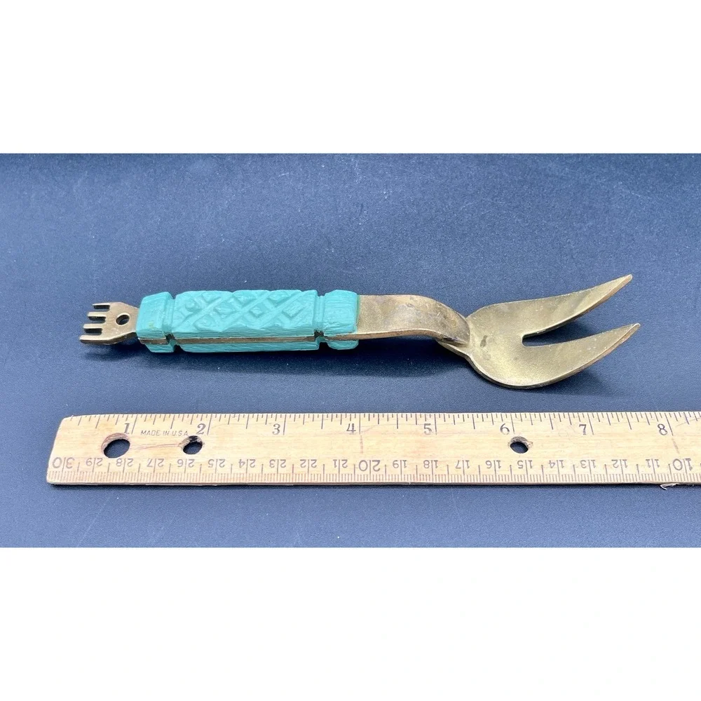 Vtg‎ Lg Hammered Brass Wood Serving Fork Smaller 2-Prong Fork Spoon Handcrafted